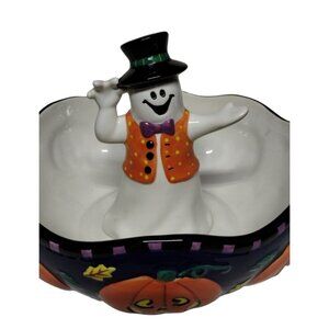 Ghost with Top Hat Halloween 3DCandy Bowl with Pumpkins around‎ outside